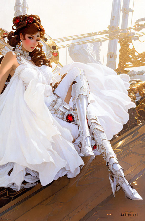 Mechanical legs woman in white dress with floral headpiece among futuristic machinery