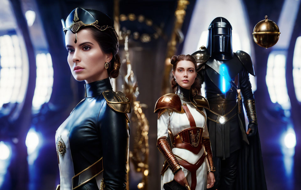 Three individuals in ornate science fiction costumes in a futuristic hall