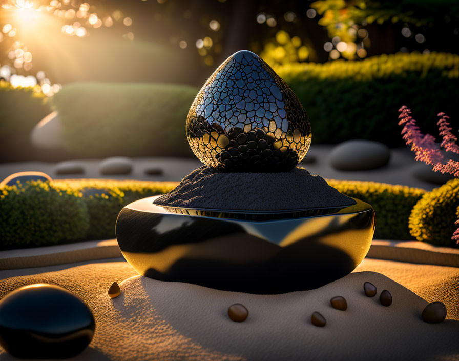 Ornate egg-shaped object with patterned surface in Zen garden at sunset