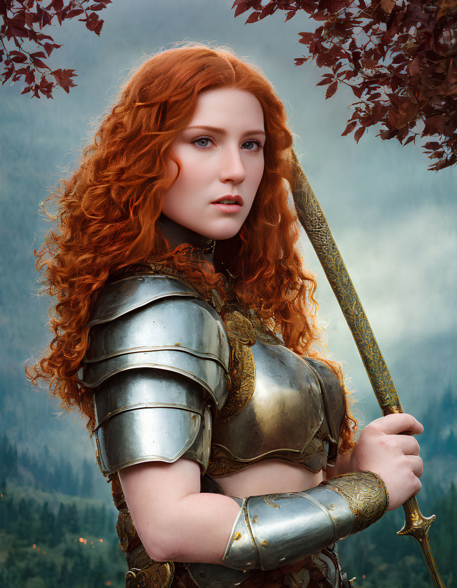 Red-Haired Woman in Silver Armor with Sword in Misty Forest