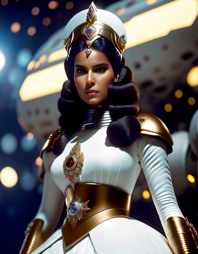 Digital artwork of woman in futuristic white and gold outfit with gem-adorned headdress blending ancient and