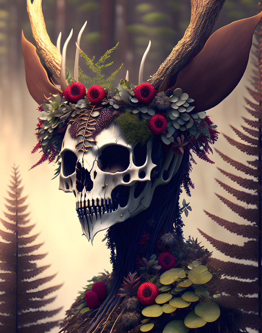 Skull with Antlers in Forest Setting with Berries and Foliage