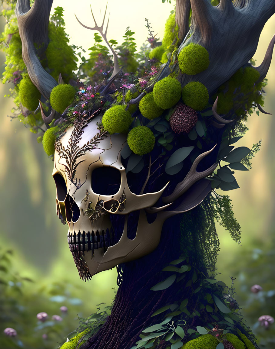 Skull with antlers and foliage in mystical forest setting