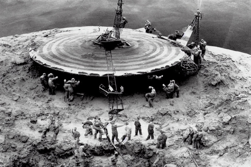 Monochrome image: Workers building circular concrete foundation with cranes and excavators.