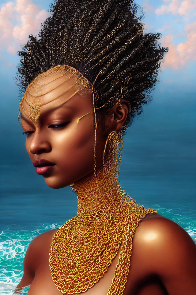 Digital artwork of woman with intricate hairstyle & gold chainmail jewelry against serene blue ocean & sky.