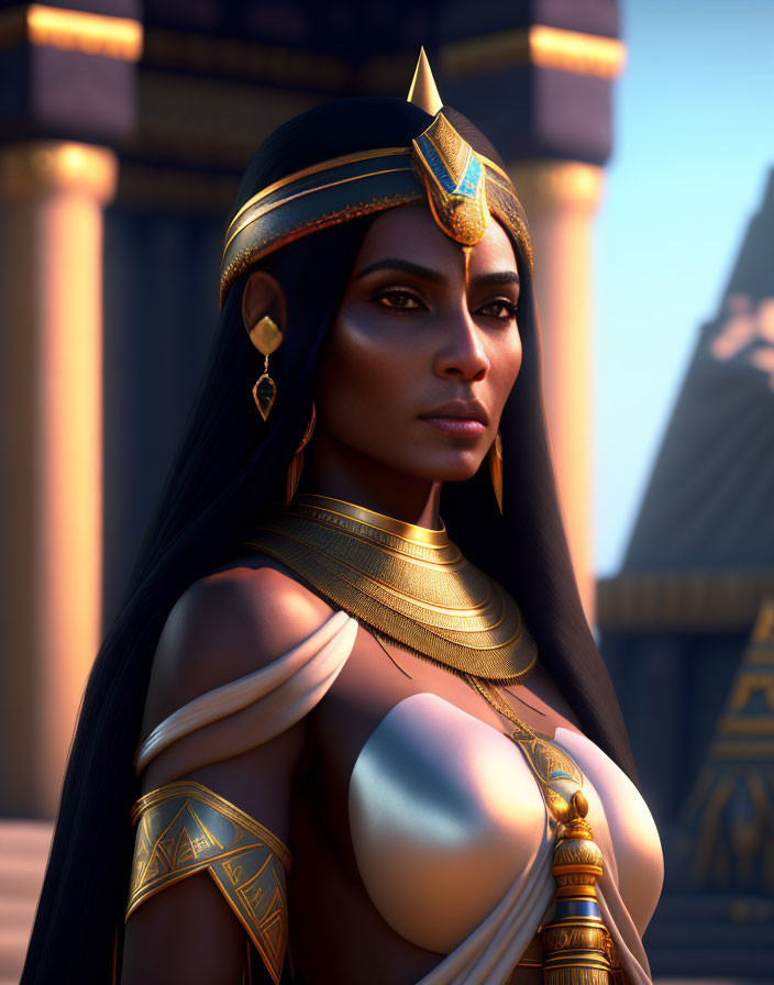 3D-rendered image of woman as ancient Egyptian queen with golden jewelry and pyramids.