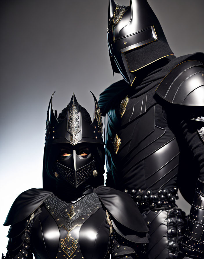 Elaborate black and gold armor with intricate designs on two figures.