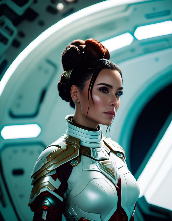 Woman in futuristic white and gold armor with intricate updo hairstyle in spaceship corridor