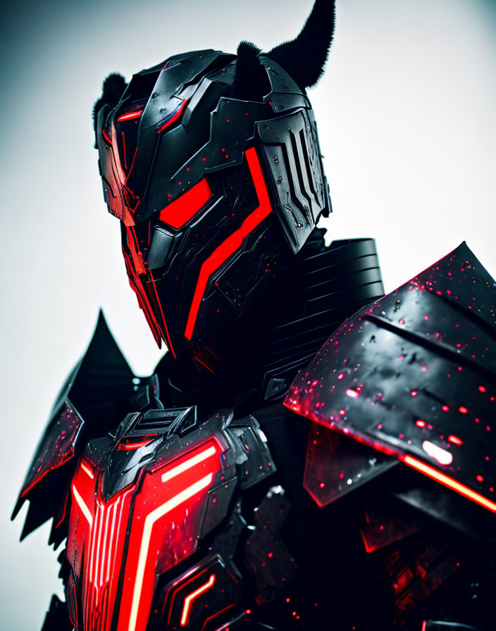 Black and Red Armored Costume with Glowing Elements and Cat-like Ear Design