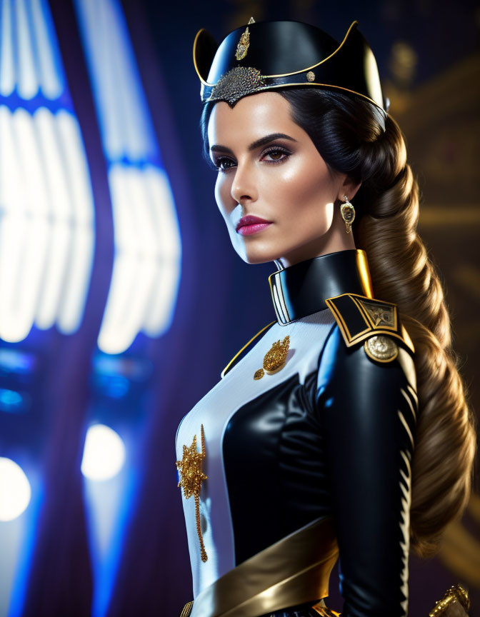 Stylized woman in black and gold uniform with crown in blue-lit room