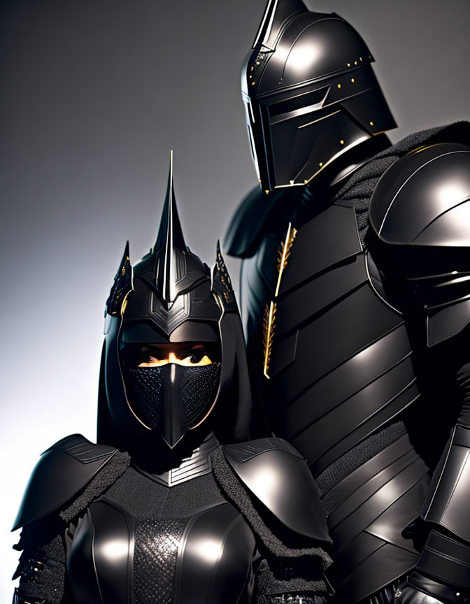 Futuristic black armor suits with helmets on grey background