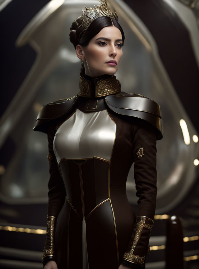 Regal figure in futuristic armor with ornate crown.