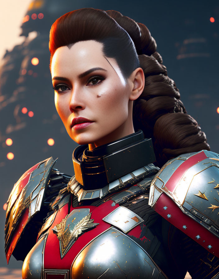 Futuristic warrior woman digital artwork with braided hairstyle and red-gold armor