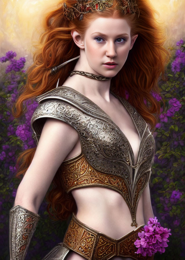 Detailed red-haired woman in golden armor with crown, surrounded by purple flowers