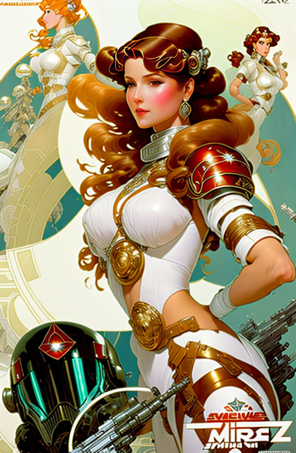 Futuristic female character with brown hair in white and red armor in sci-fi setting