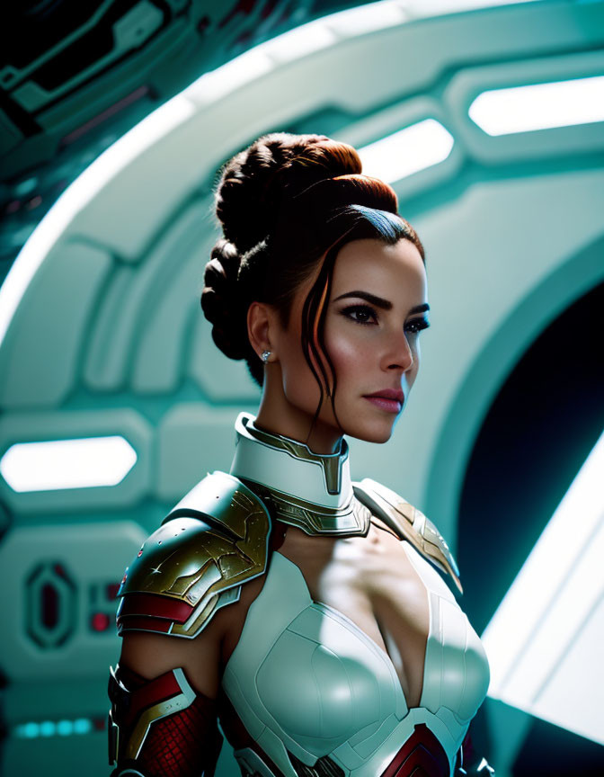 Detailed Armor and Stylish Hair on Female Android in Futuristic Spaceship Interior