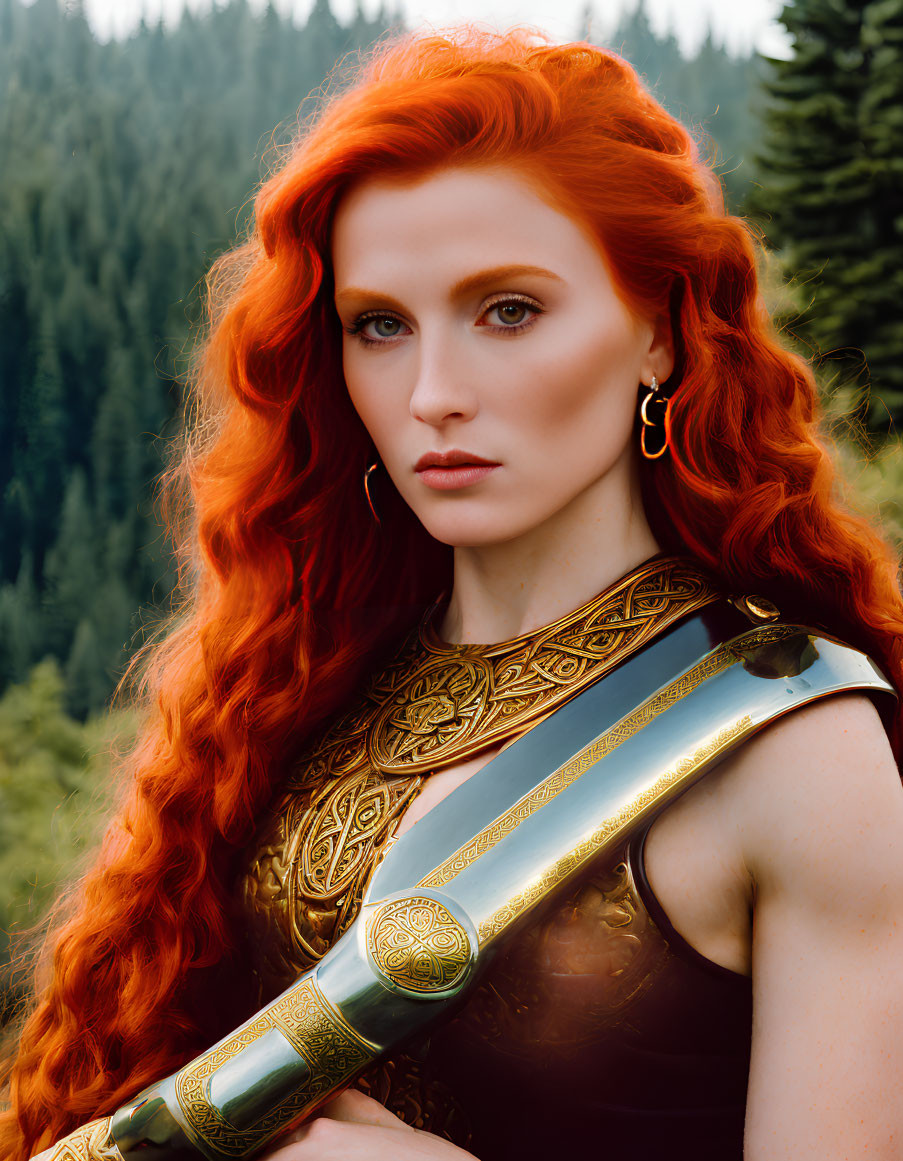 Vibrant red-haired woman in golden armor against forest backdrop