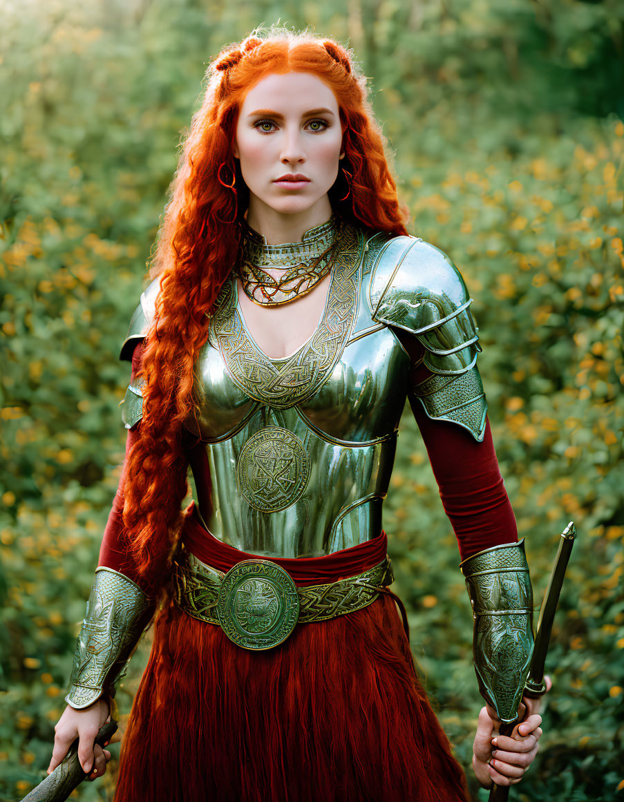 Red-haired woman in medieval armor standing in forest