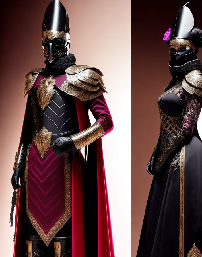 Stylized medieval knight costumes with modern twists and dramatic poses