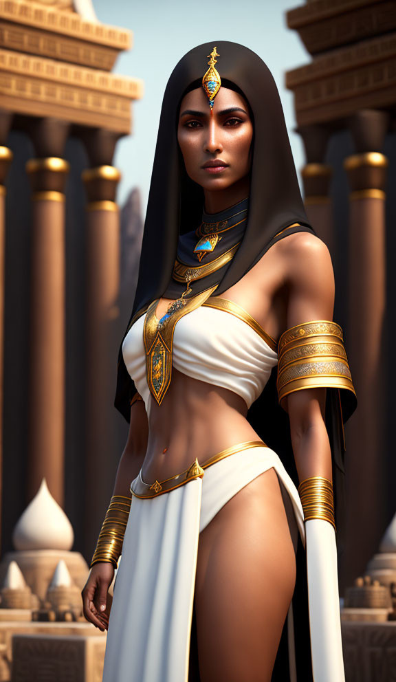 Digital artwork of woman in Egyptian-style headdress with gold jewelry, white garment, and pillars.