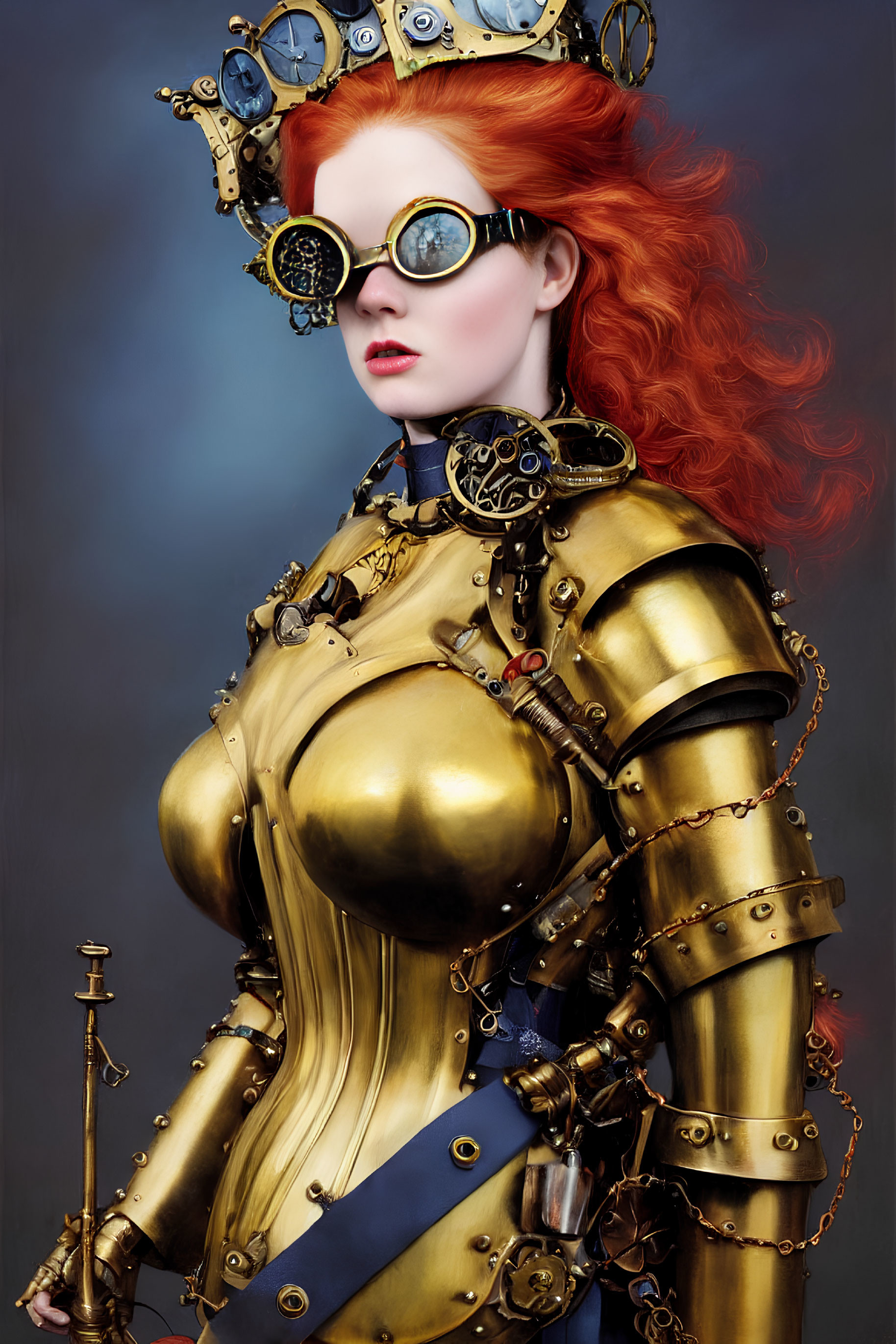 Steampunk-inspired outfit with brass goggles and ornate armor