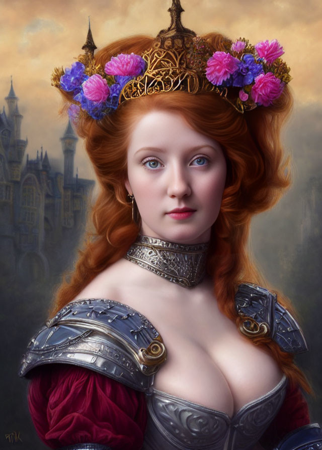 Red-haired woman in floral crown and medieval armor against castle backdrop