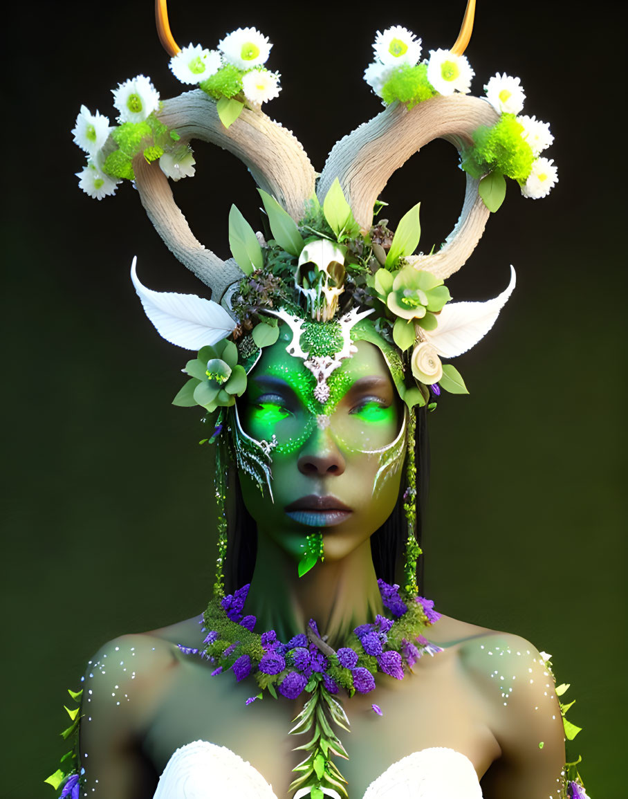 Green-skinned fantasy figure with floral and skull headdress and purple flowers.