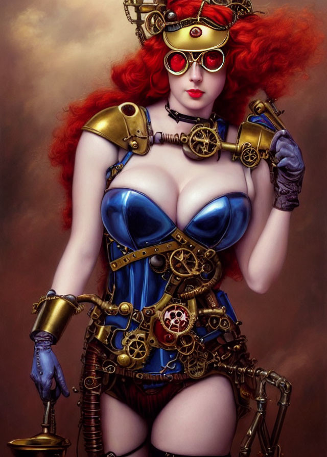 Portrait of Woman with Red Hair in Steampunk Outfit