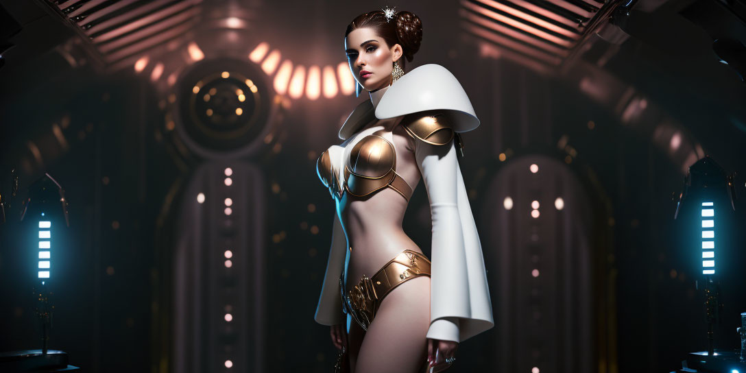 Futuristic white and gold armor on confident female figure in 3D render