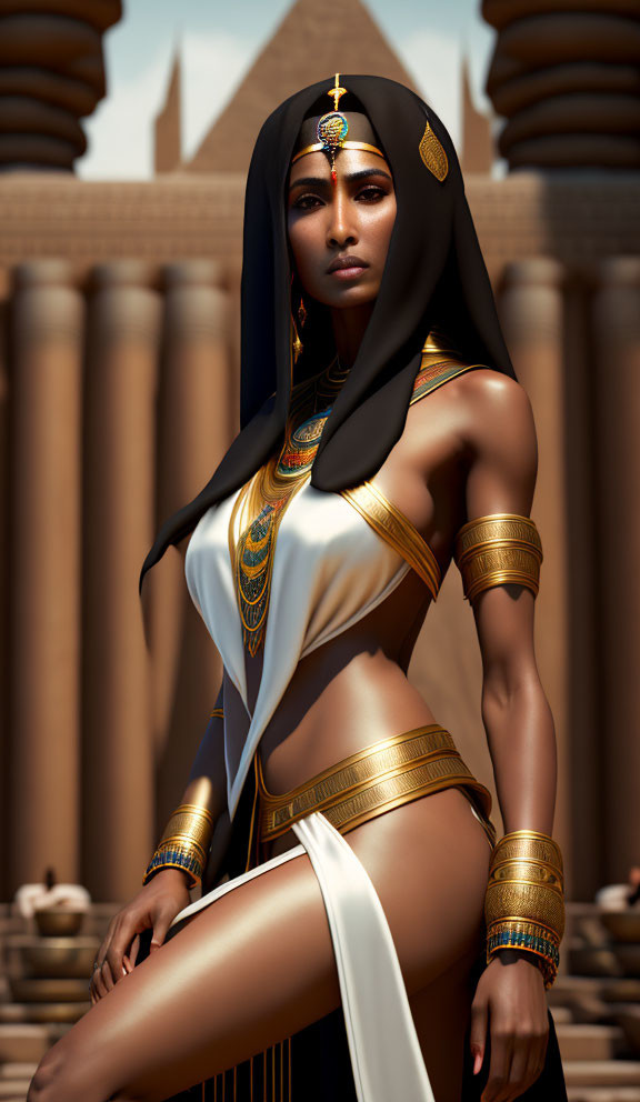 Digital artwork of elegant woman in Egyptian attire with gold jewelry, standing by temple pillars