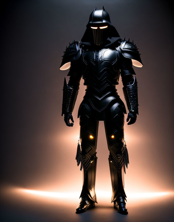 Futuristic black full-body armor against glowing amber backdrop