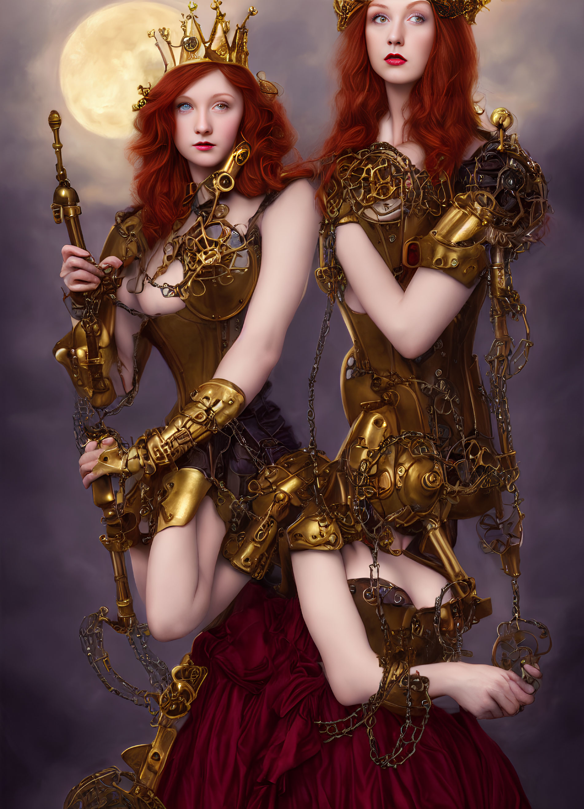 Steampunk-themed image of two women with cogwheel accessories and red hair on moonlit background