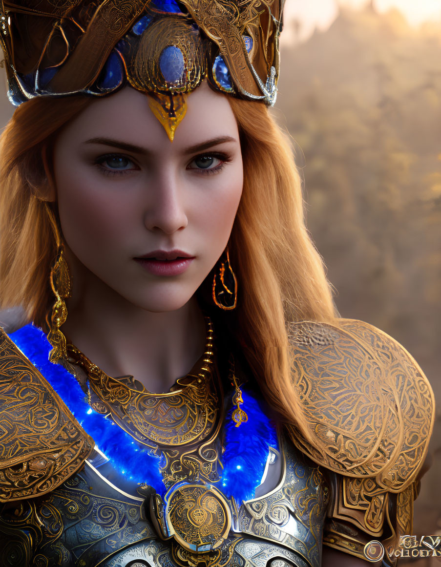 Striking blue-eyed woman in golden armor with blue gemstones