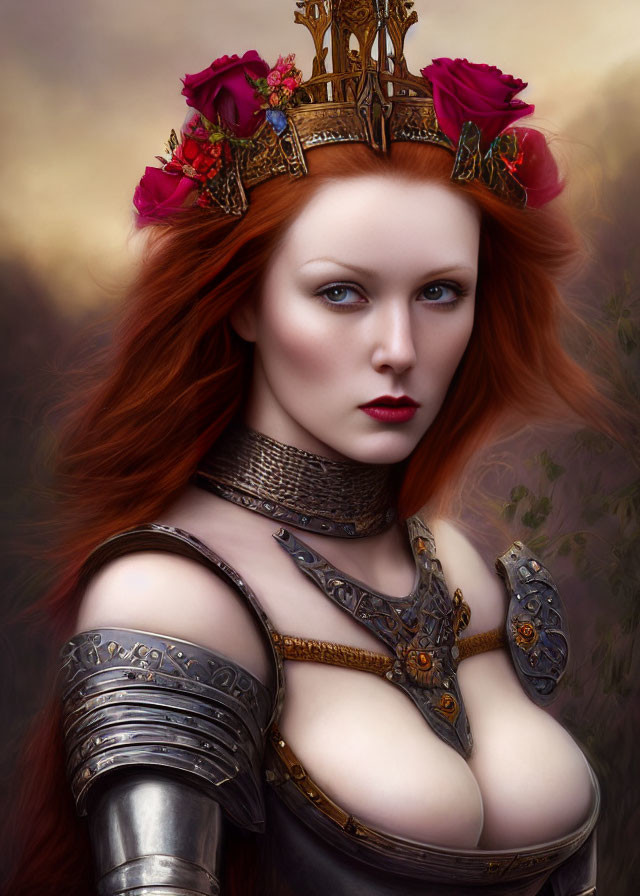 Regal Woman in Red Hair and Rose Crown in Medieval Armor