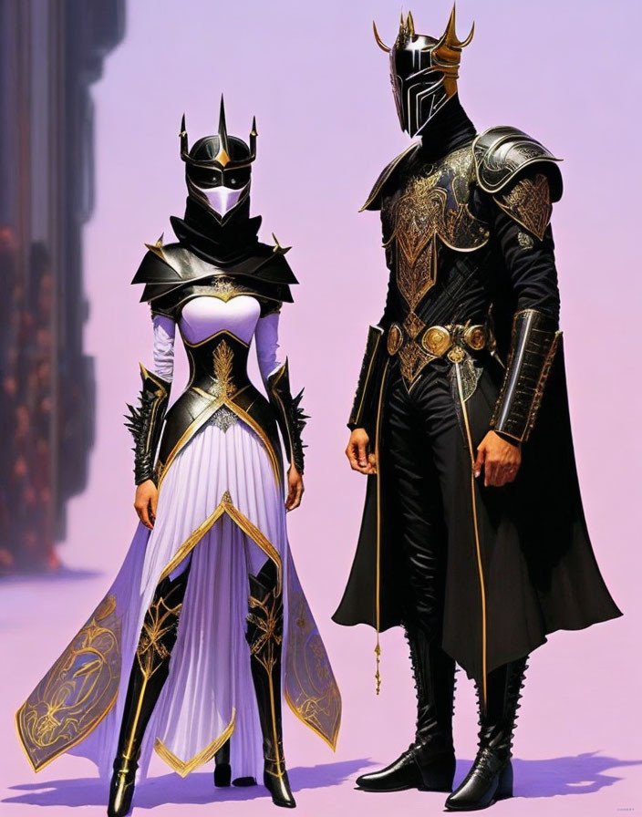 Fantasy art: Male and female characters in intricate armor costumes