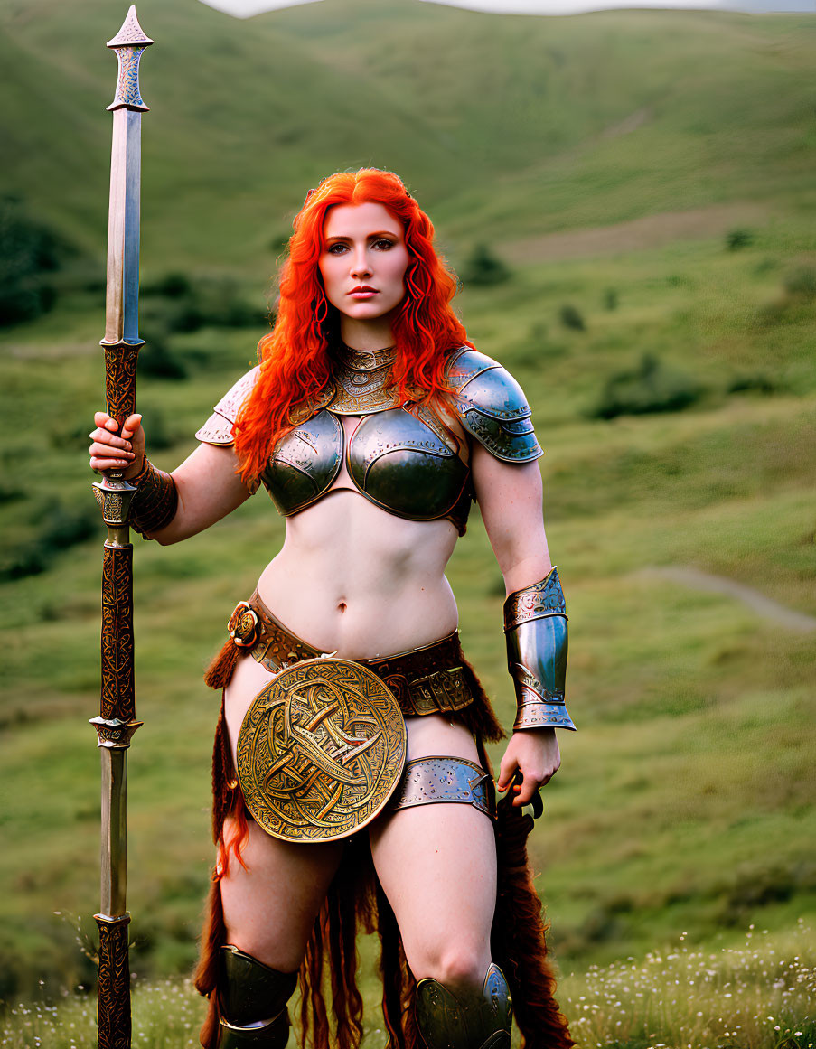 Red-Haired Warrior Woman in Ornate Armor Holding Spear on Green Hills