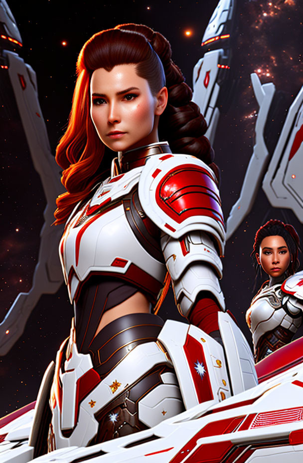 Digital Artwork: Red-Haired Woman in Futuristic Armor in Space