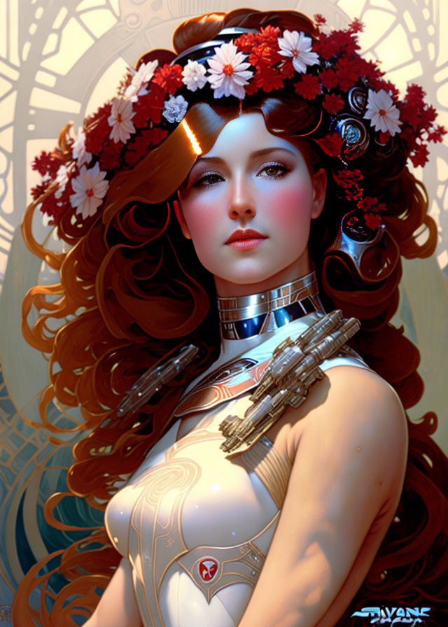 Digital artwork: Woman with auburn hair, floral crown, white futuristic armor, metallic details,