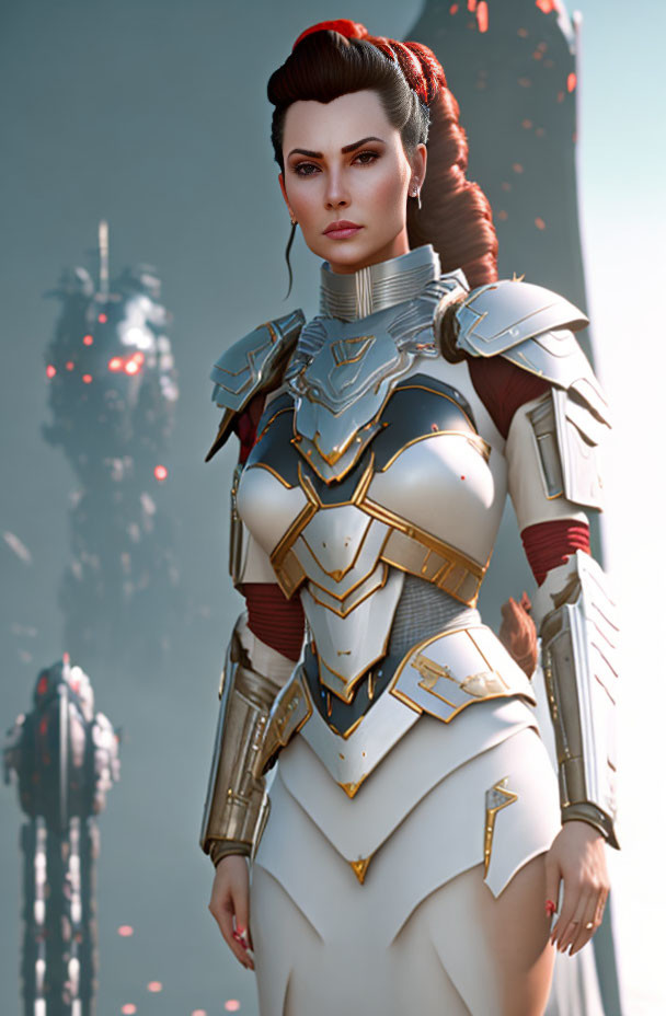 Futuristic warrior woman with red victory roll hair in white and gold armor in sci-fi city.