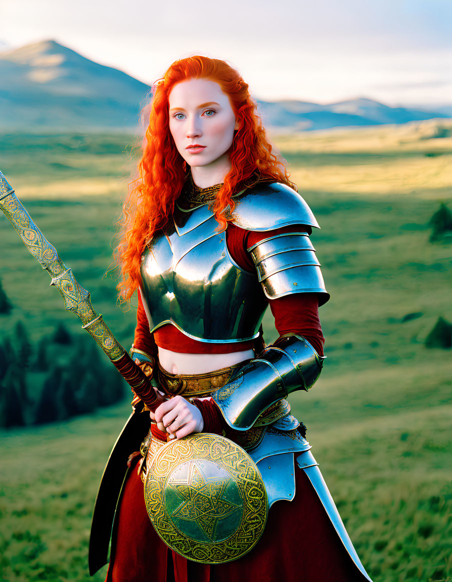 Redhead warrior in medieval armor with sword in field and mountains