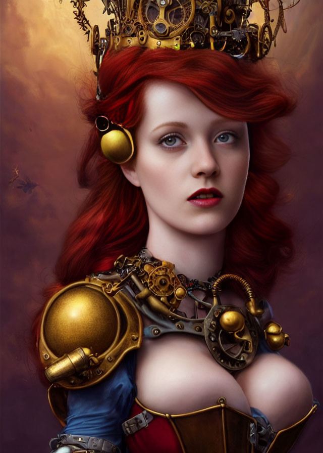 Bright Red-Haired Woman in Steampunk Crown & Armor