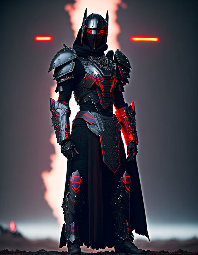 Menacing futuristic knight in black and red armor on dark red backdrop