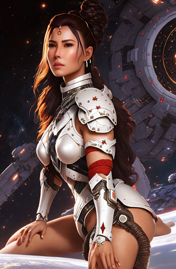 Female warrior in futuristic armor with space station backdrop