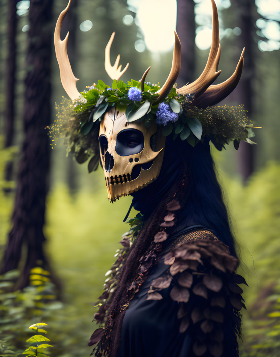 Person in Dark Cloak with Skull Mask and Antlers in Misty Forest