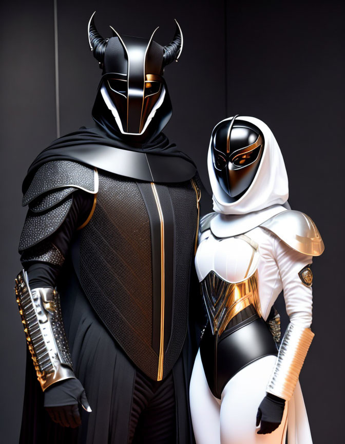 Futuristic black and white armored costumes with knight and superhero helmet designs