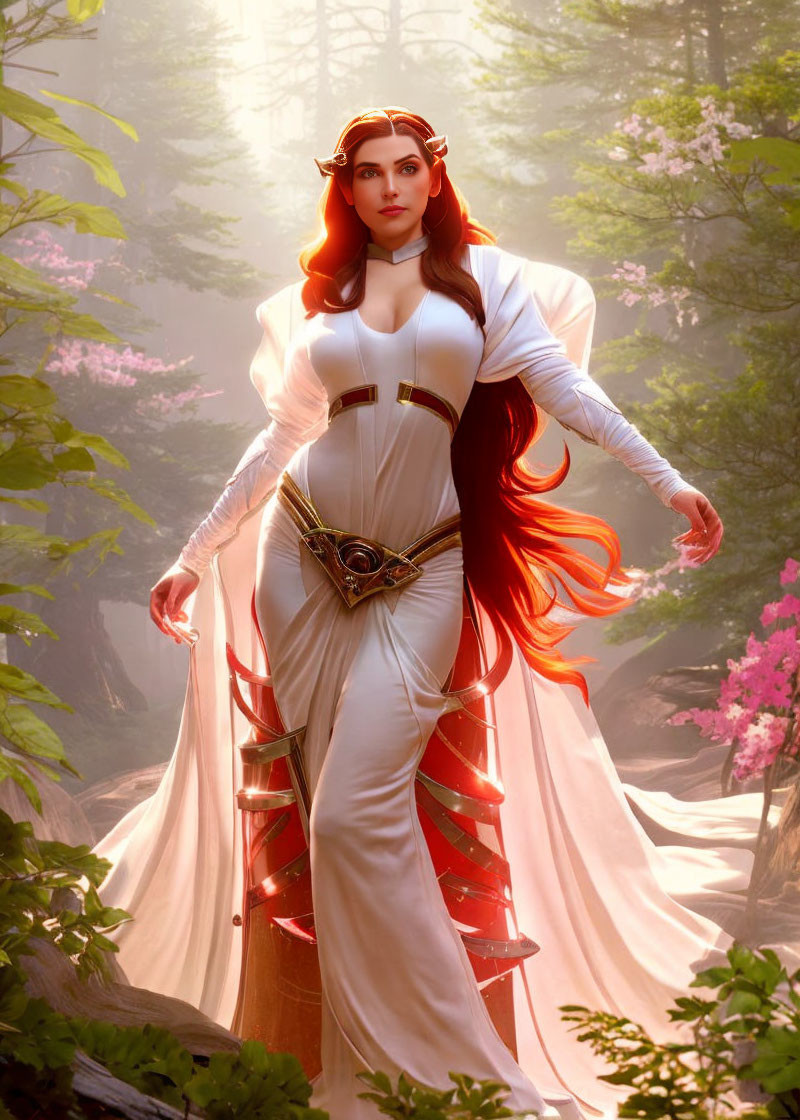 Majestic figure with red hair in white gown in sunlit forest