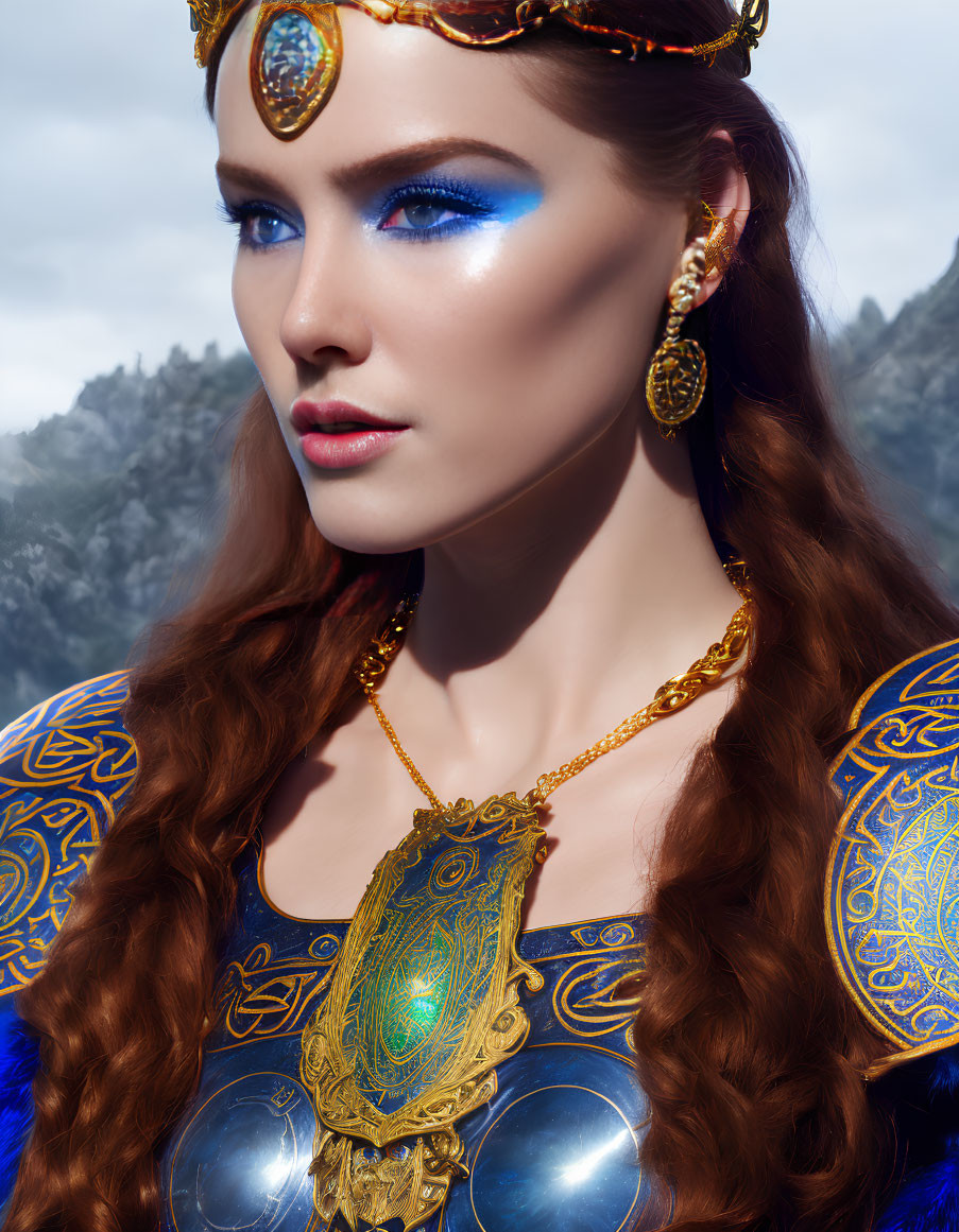 Woman with Blue Eye Makeup and Gold Jewelry Against Mountainous Backdrop