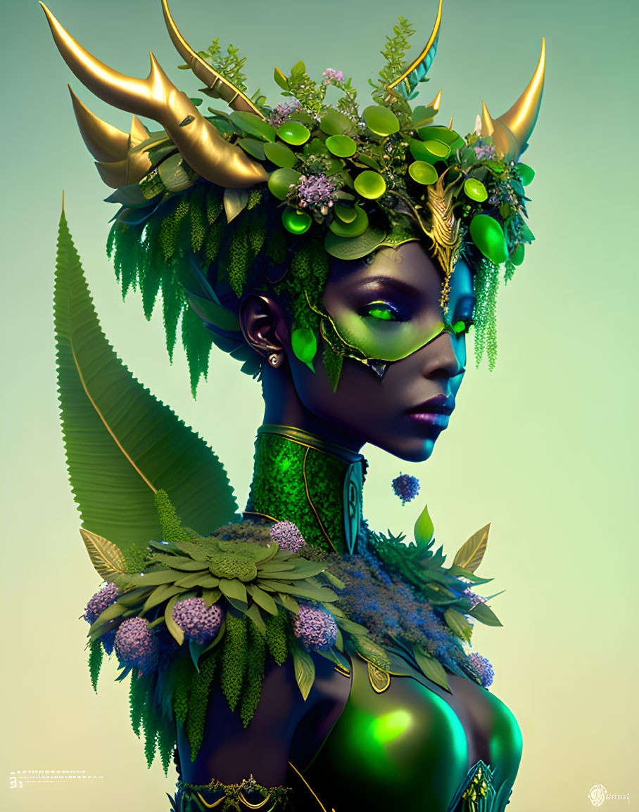 Stylized portrait of female figure with nature-themed headdress and golden antlers