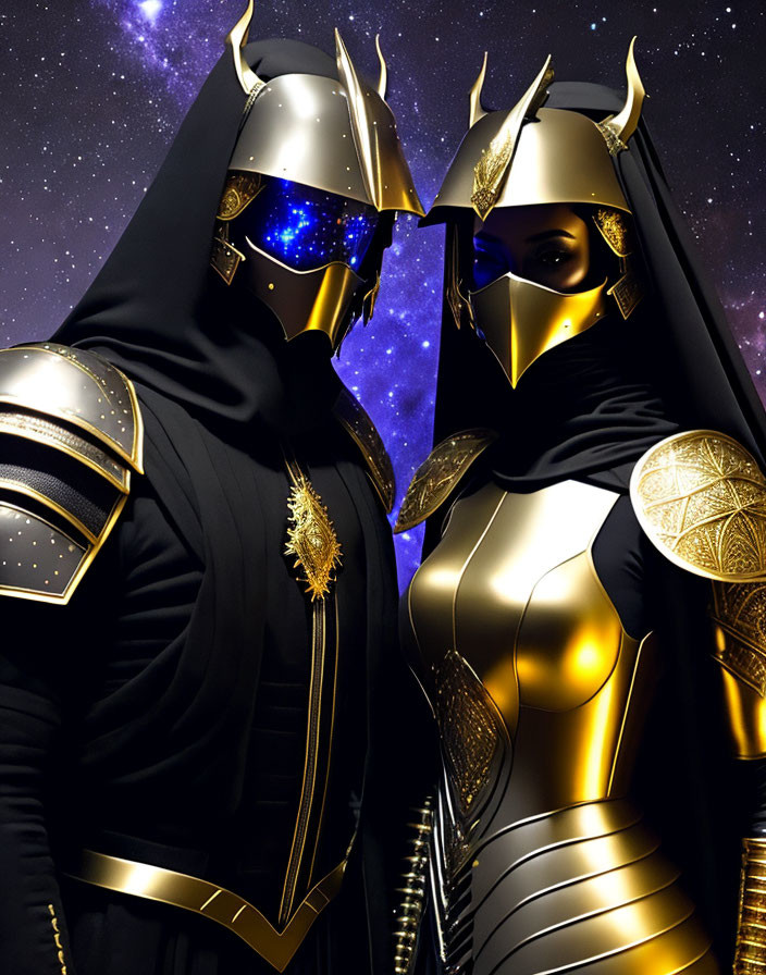 Two individuals in golden and black armor with helmets in cosmic setting