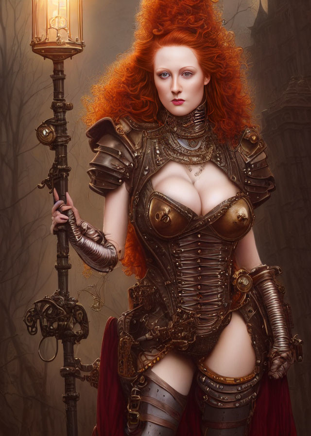 Vibrant red-haired woman in medieval armor by lamp post in mystical setting